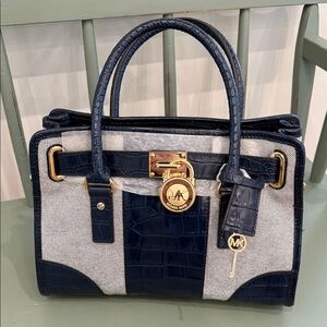 Michael Kors Navy and Gray Satchel with Gold Accents